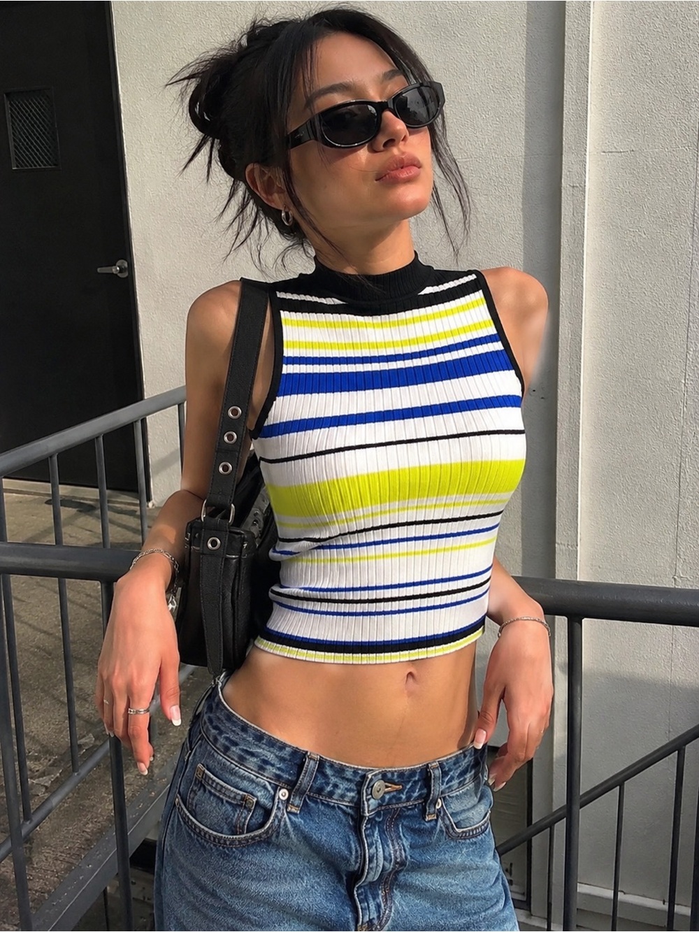 Forever 21 Ribbed Striped Mock Neck Crop Top Size S